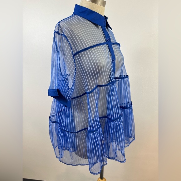 C Yard Blue Sheer Striped Button Front Peplum Top, Size Large - Picture 2 of 12